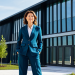 **

"A professional female architect, fully clothed in a stylish yet modest business casual outfit (pantsuit preferred), standing confidently in front of a modern, sustainable building design, blueprint in hand, appropriate attire, safe for work, perfect anatomy, correct proportions, professional architectural photography, natural light, family-friendly environment, well-formed hands, proper finger count, natural body proportions."

**