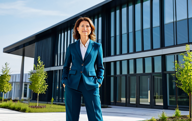 **
"A professional female architect, fully clothed in a stylish yet modest business casual outfit (pantsuit preferred), standing confidently in front of a modern, sustainable building design, blueprint in hand, appropriate attire, safe for work, perfect anatomy, correct proportions, professional architectural photography, natural light, family-friendly environment, well-formed hands, proper finger count, natural body proportions."
**