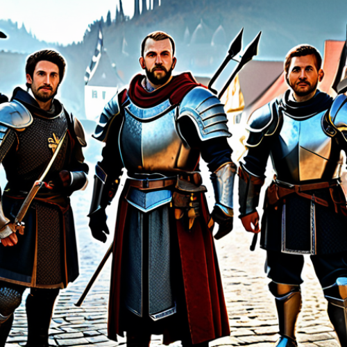 Home 22 Strategic Team Composition**
"A diverse group of heroes, fully clothed in fantasy armor and attire, standing shoulder-to-shoulder, ready for battle against a shadowy enemy. Background depicts a medieval German town square, bustling with activity. Includes a knight with a shield, a mage with a staff, and an archer with a bow. Perfect anatomy, correct proportions, family-friendly, appropriate content, safe for work, professional illustration, high detail."
**