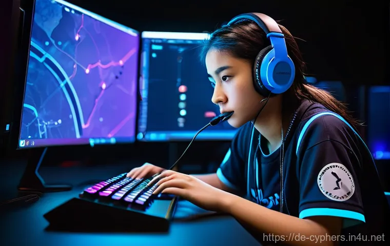 사이퍼즈 계급 체계 설명 - **Prompt:** A focused and determined female esports player, in her late teens or early twenties, sit...