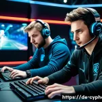 사이퍼즈 e스포츠 트렌드 - A dynamic esports team in a modern gaming arena, intensely communicating with clear headsets, coordi...