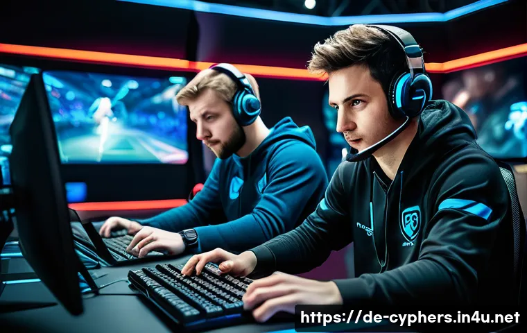 사이퍼즈 e스포츠 트렌드 - A dynamic esports team in a modern gaming arena, intensely communicating with clear headsets, coordi...