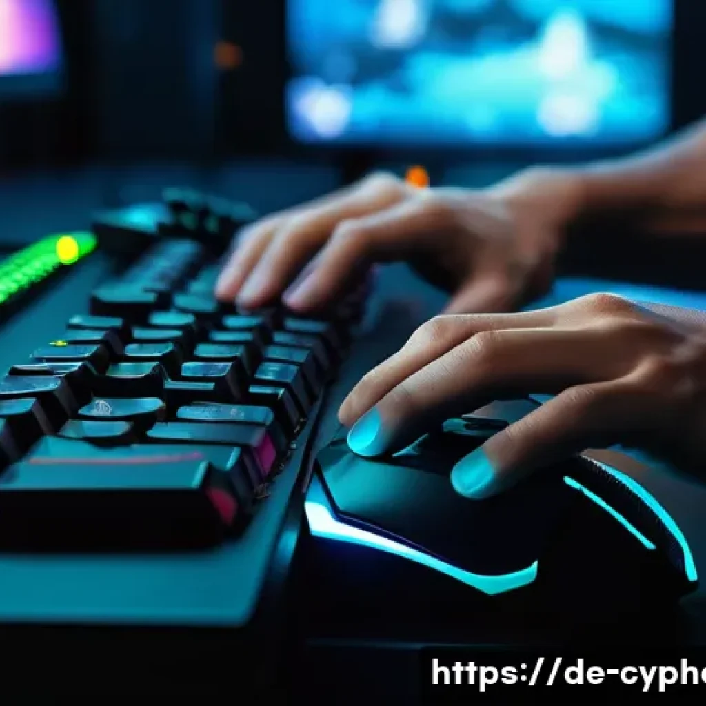 사이퍼즈 고급 컨트롤 기술 - A close-up digital art of a professional gamer’s hands skillfully manipulating a high-DPI gaming mou...