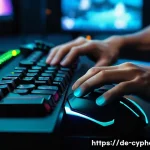 사이퍼즈 고급 컨트롤 기술 - A close-up digital art of a professional gamer&rsquo;s hands skillfully manipulating a high-DPI gaming mou...