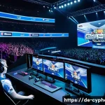 사이퍼즈 공식 대회 정보 - A dynamic esports arena scene showcasing a high-energy Team Deathmatch tournament in progress, featu...