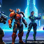 사이퍼즈 장르별 유사 게임 - A dynamic and intense MOBA team battle scene set in a futuristic urban arena, featuring diverse hero...