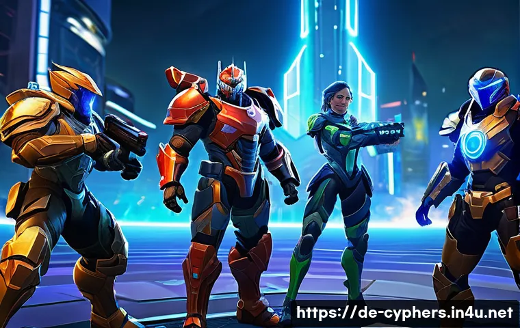 사이퍼즈 장르별 유사 게임 - A dynamic and intense MOBA team battle scene set in a futuristic urban arena, featuring diverse hero...