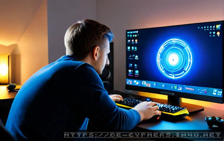 사이퍼즈 장비 업그레이드 - Photorealistic German gaming enthusiast at a tidy modern desk, carefully upgrading futuristic game e...